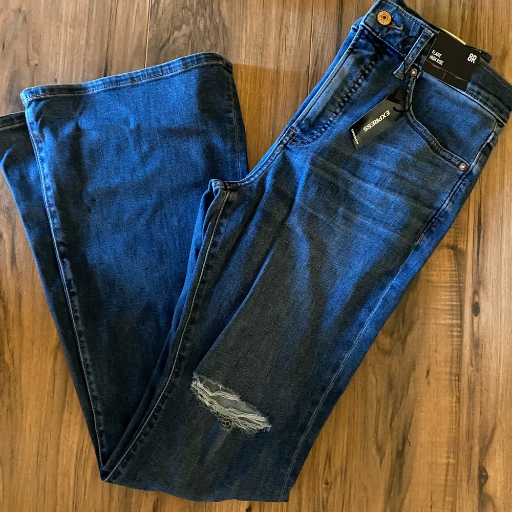 Express High Rise Distressed High Rise Flare Jeans